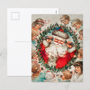 Victoriaanse Kerstman aan de Telefoon met Kinderen Feestdagenkaart