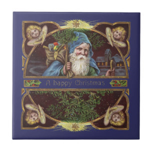 Victoriaanse Kerstman Engelen Blauwe Kerst Vintage Tegeltje
