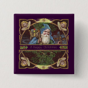 Victoriaanse Kerstman Engelen Blauwe Kerstmis Vint Vierkante Button 5,1 Cm