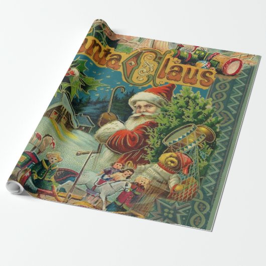 Victoriaanse Kerstman Kerst Collage Antiek Cadeaupapier (Uitgerold)