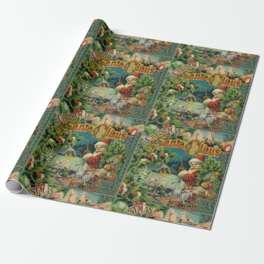 Victoriaanse Kerstman Kerst Collage Antiek Cadeaupapier (Uitgerold)