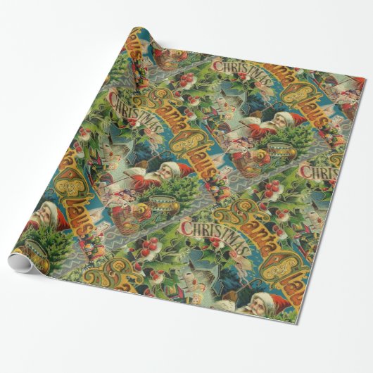 Victoriaanse Kerstman Kerst Collage Antiek Cadeaupapier (Uitgerold)