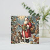 Victoriaanse Kerstman met Geschenk en Bosdieren  Feestdagenkaart (Staand voorkant)