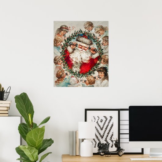 Victoriaanse Kerstman op de Telefoon met Kinderen Poster (Thuiskantoor)
