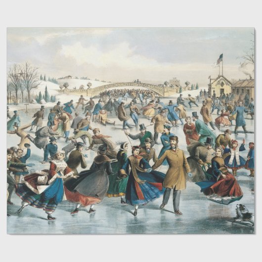 Victoriaanse Kerstmis Central Park Currier & Ives Cadeaupapier (Vlak)