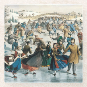 Victoriaanse Kerstmis Central Park Currier & Ives Glazen Onderzetter