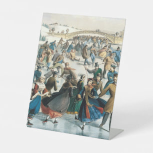 Victoriaanse Kerstmis Central Park Currier & Ives Reclamebord Met Voetstuk
