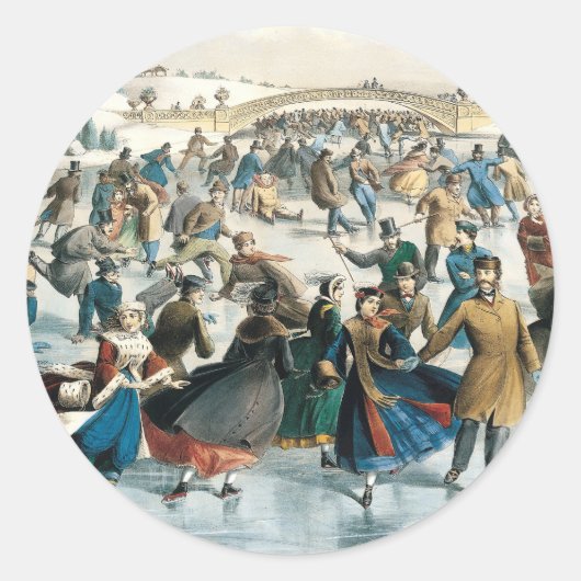 Victoriaanse Kerstmis Central Park Currier & Ives Ronde Sticker (Voorkant)