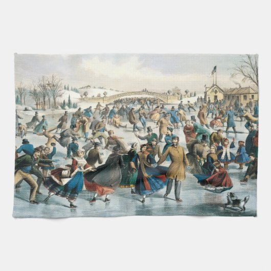 Victoriaanse Kerstmis Central Park Currier & Ives Theedoek (Horizontaal)
