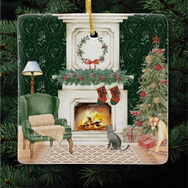 Victoriaanse Kerstmis Huiskamer Scene Keramisch Ornament