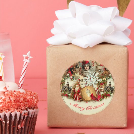Victoriaanse Kerstschat Collage Ronde Sticker (Feest)