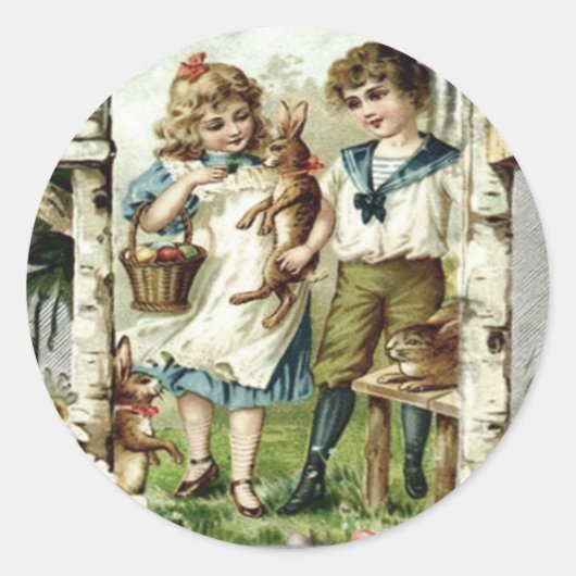 Victoriaanse Kinderen Paashaas Kuiken Ei Vogelhuis Ronde Sticker (Voorkant)