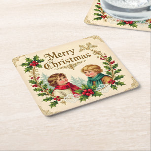 Victoriaanse kinderen Prettig kerstfeest vintage Kartonnen Onderzetters
