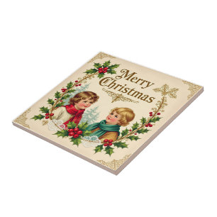 Victoriaanse kinderen Prettig kerstfeest vintage Tegeltje