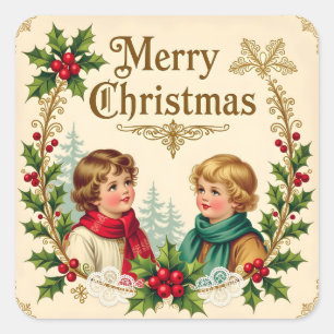 Victoriaanse kinderen Prettig kerstfeest vintage Vierkante Sticker