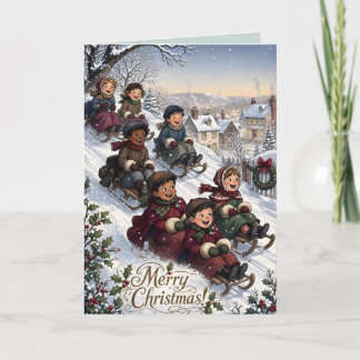 Victoriaanse kinderen sleeën Kerstkaart Feestdagen Kaart