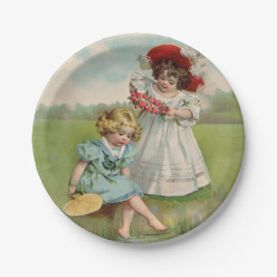 Victoriaanse Kinderen Vintage Zomer Meisjes Tuin Papieren Bordje