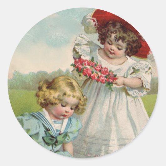 Victoriaanse Kinderen Vintage Zomer Meisjes Tuin Ronde Sticker (Voorkant)