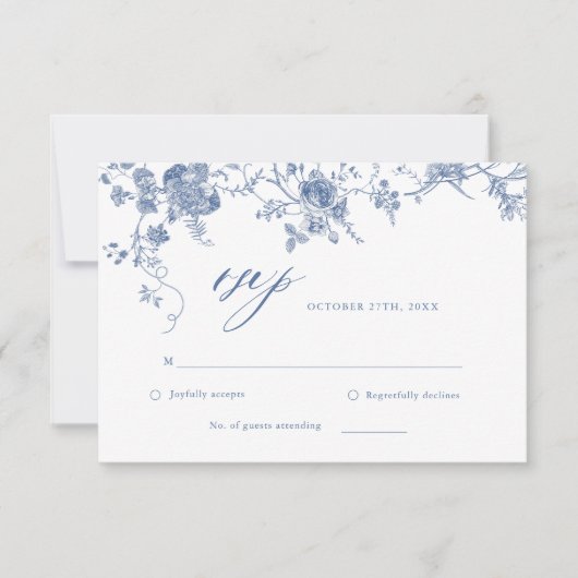 Victoriaanse klassieke blauwe bloemen bruiloft RSV RSVP Kaartje (Voorkant)