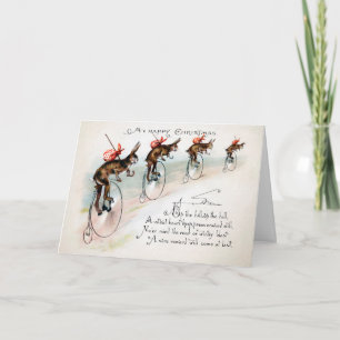 Victoriaanse konijntjes op fietsen kerstkaart feestdagen kaart