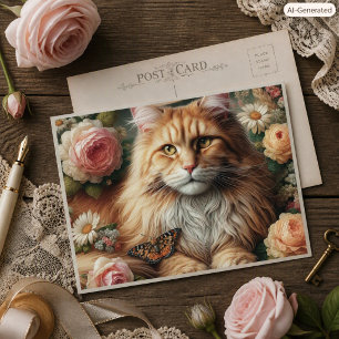Victoriaanse Maine Coon kat met roze rozen Briefkaart