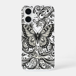 Victoriaanse Monarch Vlinder – Zwart en Wit iPhone 16 Hoesje