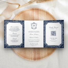 Victoriaanse Navy Blauwe Katholieke QR Code Huweli Drieluik Uitnodiging