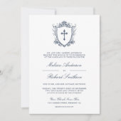 Victoriaanse Navy Blauwe Katholieke QR Code Huweli Kaart (Voorkant)