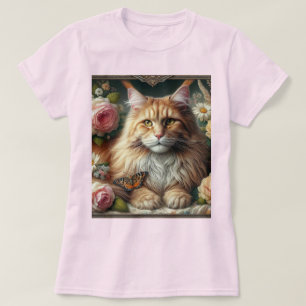 Victoriaanse oranje Maine Coon kat met roze rozen  T-shirt