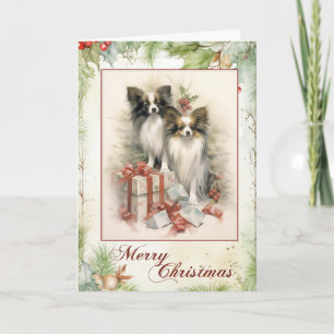 Victoriaanse Papillon Puppy Kerstmis Feestdagen Kaart