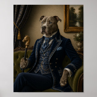 Victoriaanse Pit Bull Heren Portret Print, Blauw Poster