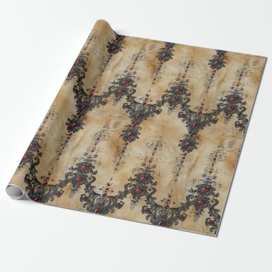 Victoriaanse Robijn Kant Gotische Patroon (5) Cadeaupapier (Uitgerold)