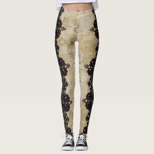 Victoriaanse Robijn Kant Gotische Patroon (6) Leggings (Voorkant)