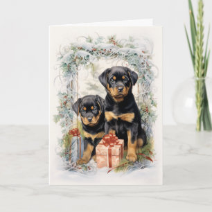 Victoriaanse Rottweiler Puppy Kerstmis Feestdagen Kaart