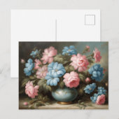 Victoriaanse Roze, Blauwe Bloemen in Vaas Stilleve Briefkaart (Voorkant / Achterkant)