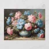 Victoriaanse Roze, Blauwe Bloemen in Vaas Stilleve Briefkaart (Voorkant)