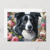 Victoriaanse Roze Rozen Border Collie Ansichtkaart Briefkaart (Voorkant / Achterkant)