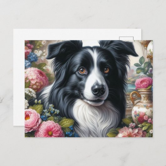 Victoriaanse Roze Rozen Border Collie Ansichtkaart Briefkaart (Voorkant / Achterkant)