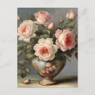 Victoriaanse roze rozen in een vaas  briefkaart