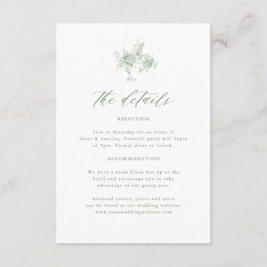 Victoriaanse Saliegroene Toile Trouwdetails Informatiekaartje (Voorkant)