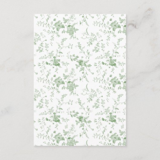 Victoriaanse Saliegroene Toile Trouwdetails Informatiekaartje (Achterkant)