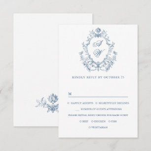 Victoriaanse sierlijke bloemrijke stoffige blauwe  RSVP kaartje