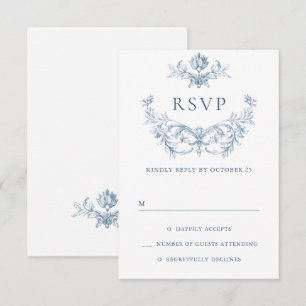 Victoriaanse sierlijke bloemrijke stoffige blauwe RSVP kaartje