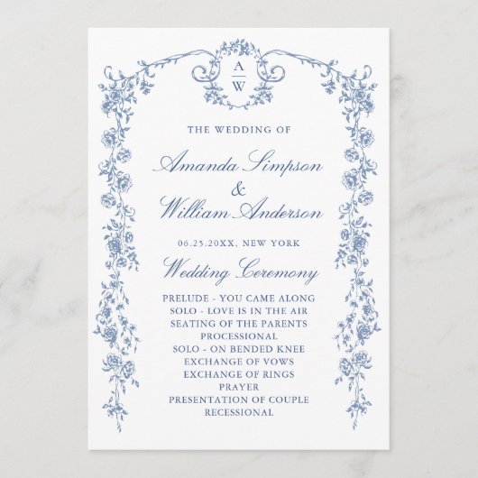 Victoriaanse sierlijke bloemrijke trouwceremonie programmakaart (Voorkant)