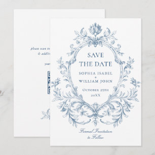 Victoriaanse sierlijke elegantie bloemstof blauwe save the date