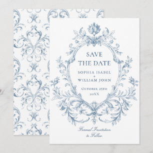 Victoriaanse sierlijke elegantie bloemstof blauwe  save the date