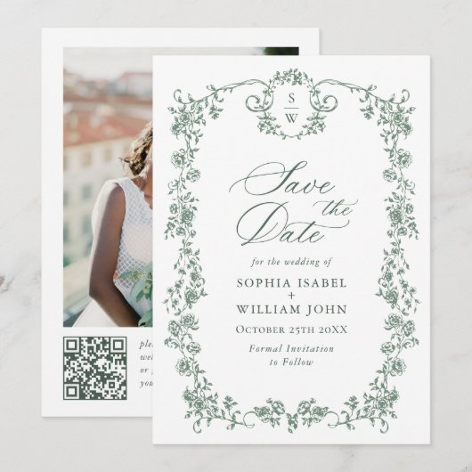 Victoriaanse sierlijke QR-code trouwfoto Save The Date (Voorkant / Achterkant)