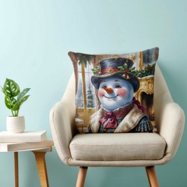 Victoriaanse Sneeuwman Kerstontwerp Kussen (Throw Pillow 100% polyester heavyweight stretch material. Hidden zipper Made in the USA.
)