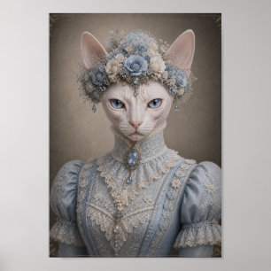 Victoriaanse Sphynx Kat Dame Print, Blauwe Bloemen Poster