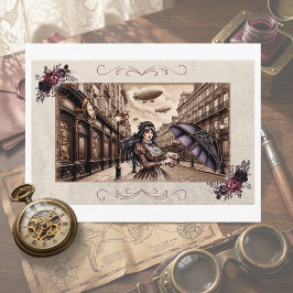 Victoriaanse Steampunk Luchtballon Paraplu Prentbr Briefkaart